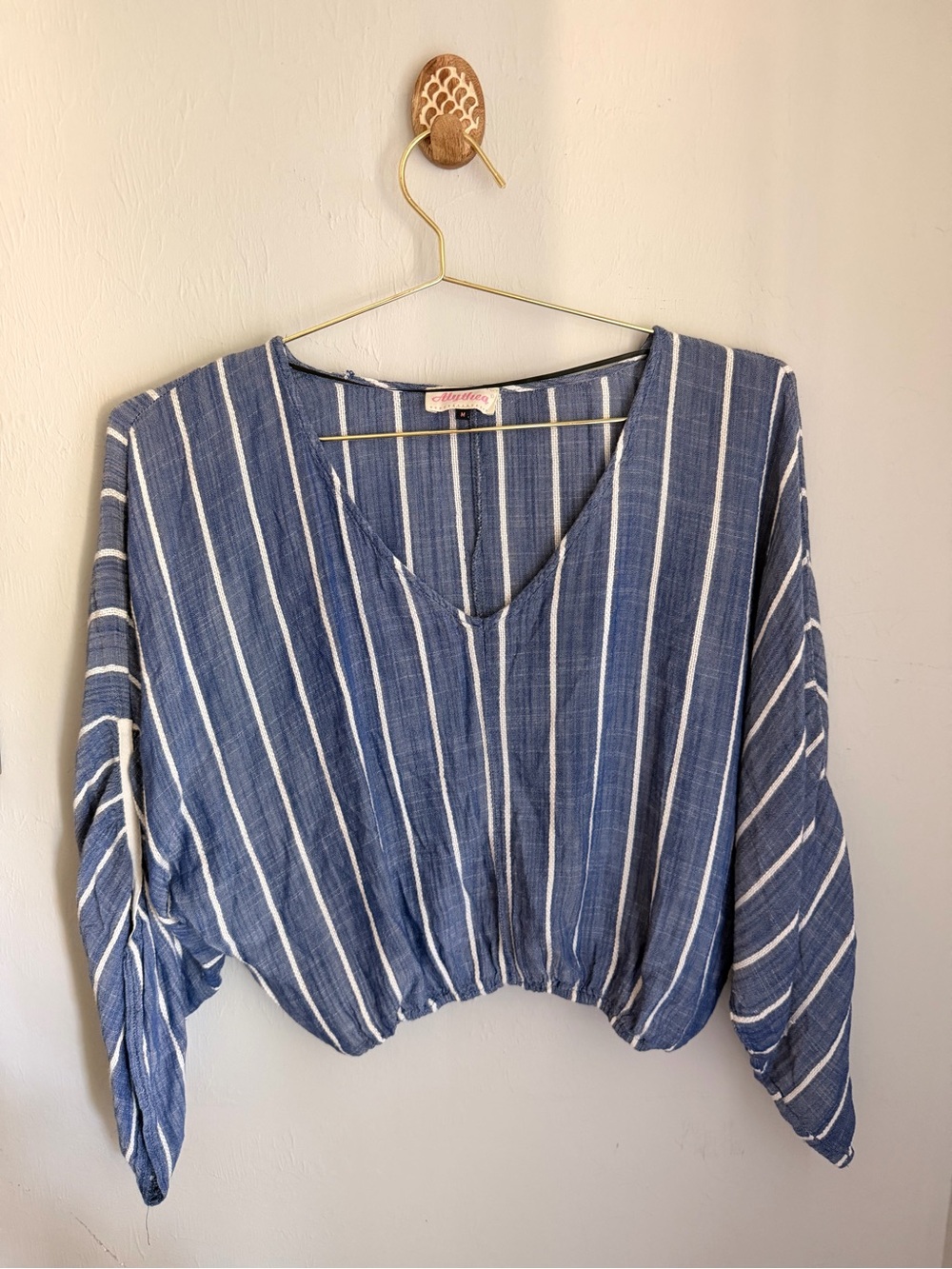 Alythea Blue and White Striped V-Neck Cropped Top